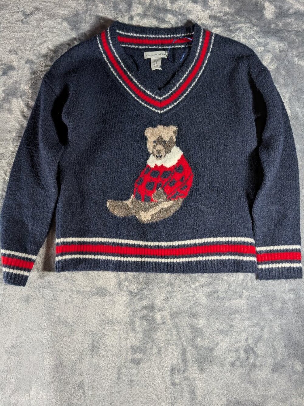 Cupcakes and Cashmere Navy Bear V-Neck Sweater XS Red Plaid Varsity Teddy Preppy